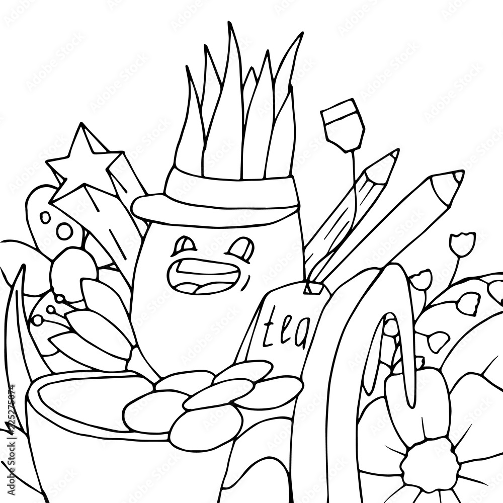 Cute monster in garden with flowers doodle concept in hand drawn style. Cute monster in garden with flowers doodle concept in hand drawn style.