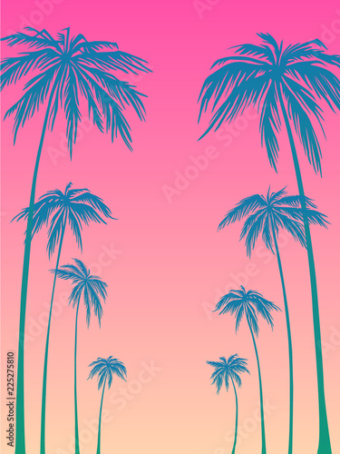 blue palm trees silhouette on a pink background. Vector illustration, design element for congratulation cards, print, banners and others © 4clover