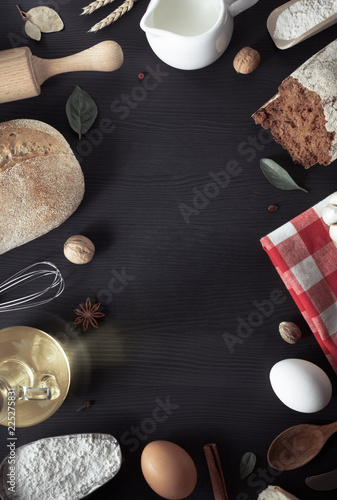 bread and bakery  ingredients on wood