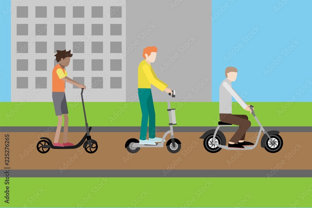 Fototapeta premium People on electric scooters in flat style.