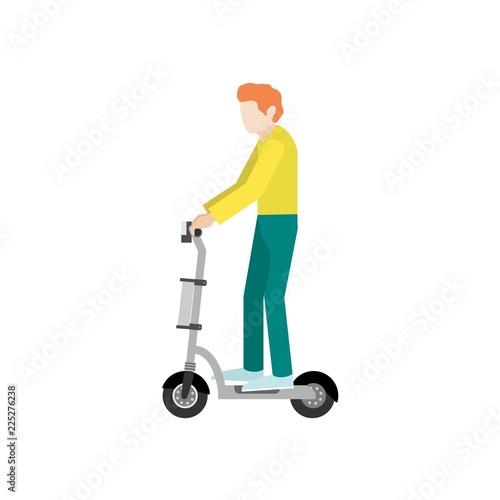 Young man on electric scooter in flat style.