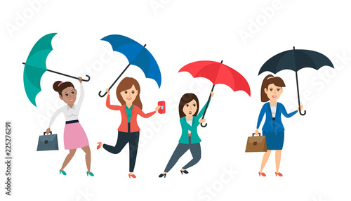 businesswomen with umbrella set on white background