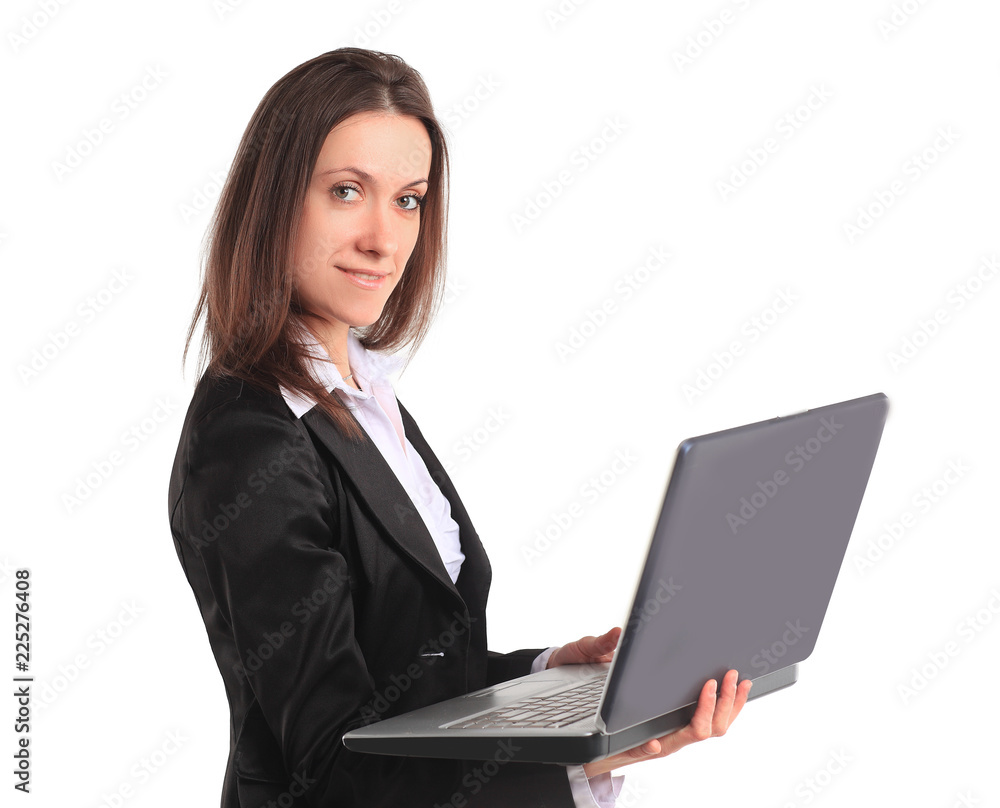 successful business woman with an open laptop.isolated on white background successful business woman with an open laptop.isolated on white background
