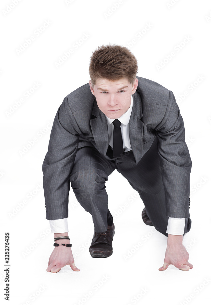 Businessman taking low start to running. On white background. Businessman taking low start to running. On white background.