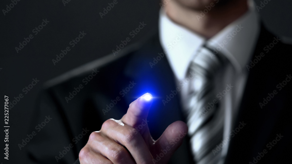 Businessman in suit touching screen, business concept, place for your text Businessman in suit touching screen, business concept, place for your text