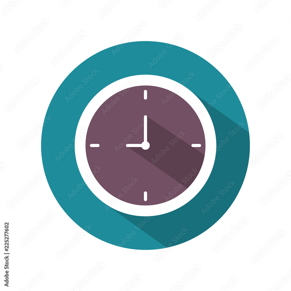 Vector or illustration of clock with long shadow in flat style on blue and purple tone on white background, nine o'clock. Vector or illustration of clock with long shadow in flat style on blue and purple tone on white background, nine o'clock.