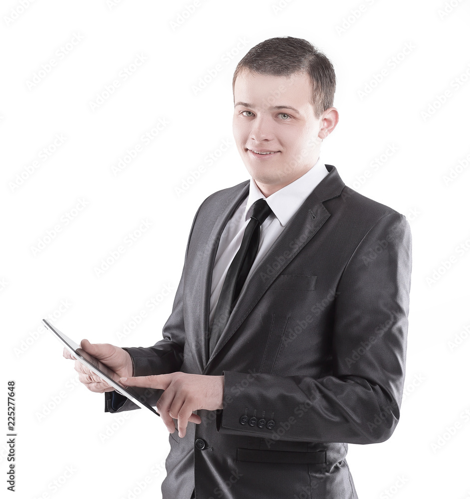 portrait of businessman with digital tablet.isolated on white background portrait of businessman with digital tablet.isolated on white background