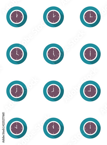 Vector illustration of clock set 24 hours with long shadow in flat style on blue and purple tone on white background.