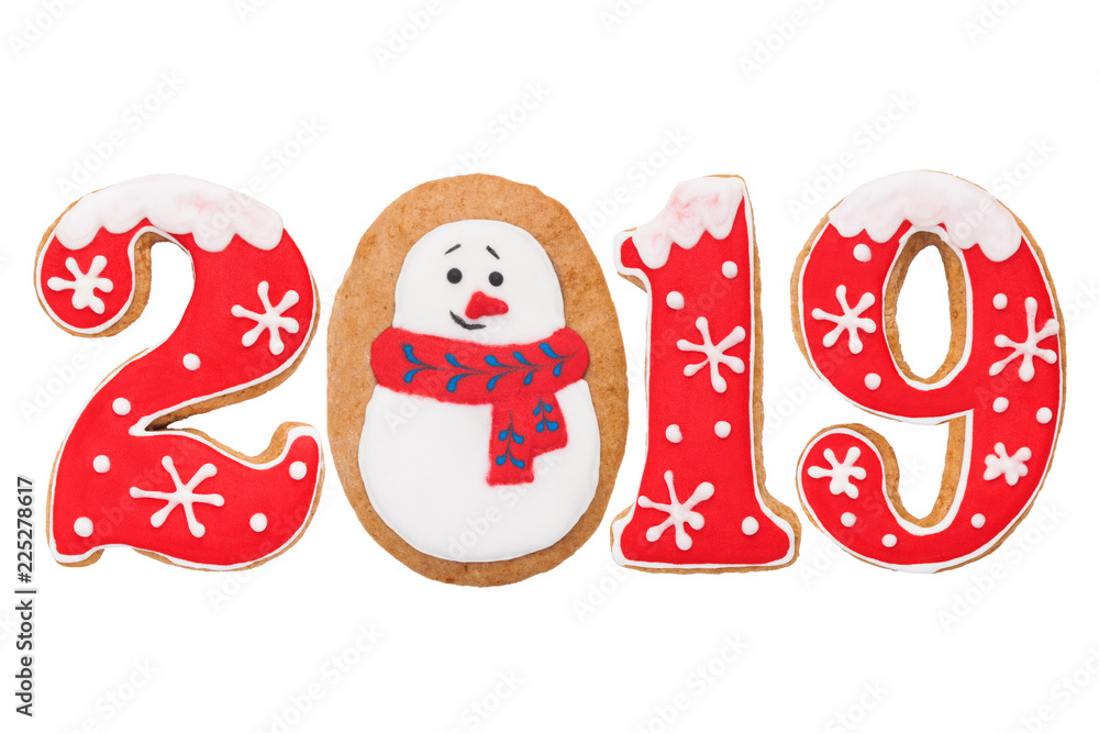 Number 2019, New Year gingerbread, red icing, isolated on white background