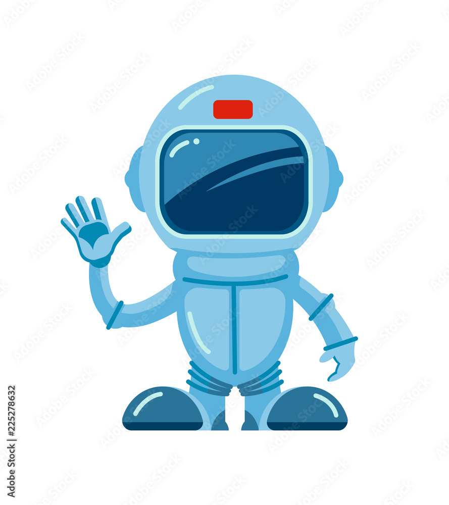 spaceman pointing. hello cartoon astronaut in blue space suit pointing hand top cosmos astrophysics solar