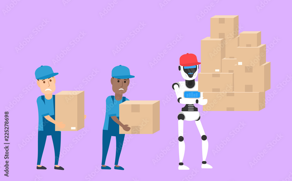 workers and robot humanoid carrying boxes workers and robot humanoid carrying boxes