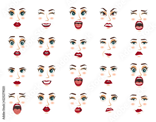 Comic emotions. Women facial expressions, gestures, emotions happiness surprise disgust sadness rapture disappointment fear surprise joy, smile cry coquetry cute mouth. Cartoon icons big set isolated.