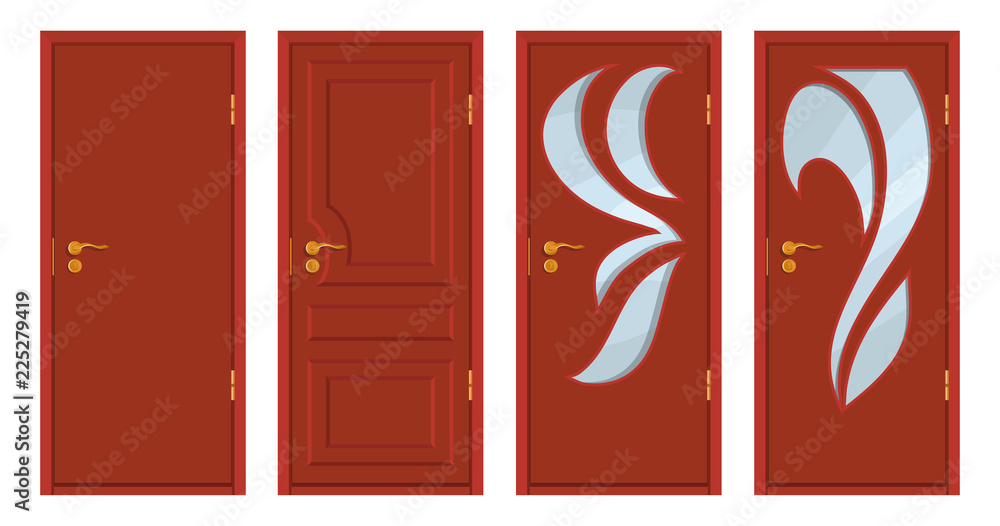 colored wooden doors isolated on white background, realistic wooden