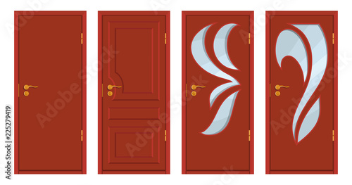 colored wooden doors isolated on white background, realistic wooden door, colour illustration of different door design, office interior or exterior element, room design, vector graphics to design