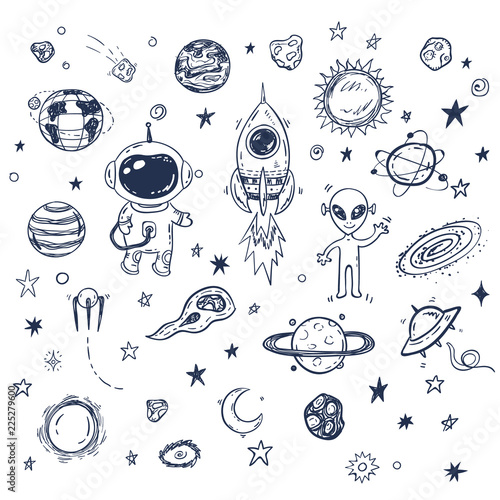 Doodle space travel vector set with rocket, astronaut, alien, planets, stars. Hand drawn print or poster, elements © teploleta