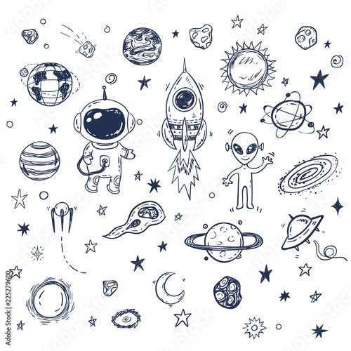 Doodle space travel vector set with rocket, astronaut, alien, planets, stars. Hand drawn print or poster, elements