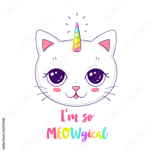 Cute cat or unicorn illustration with slogan. Can be used as greeting card, sticker, kids t-shirt design, print or poster