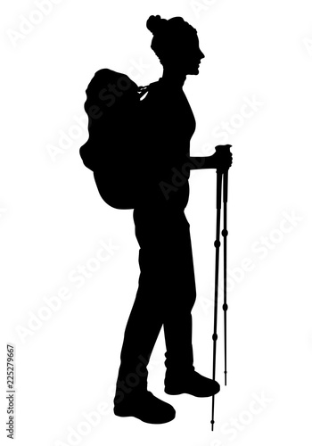 Hiker girl with backpack and walking sticks. Backpacker black silhouette. Isolated female silhouette on white background. Vector illustration.
