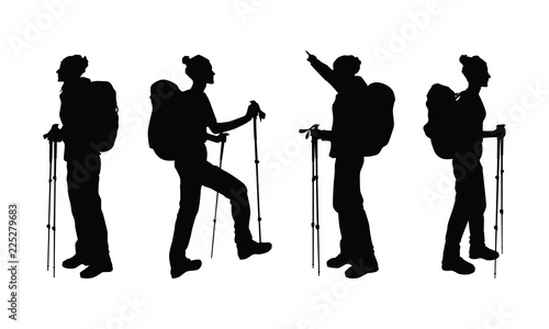 Hiker girl with backpack and walking sticks. Backpacker black silhouettes set. Isolated female silhouettes on white background.