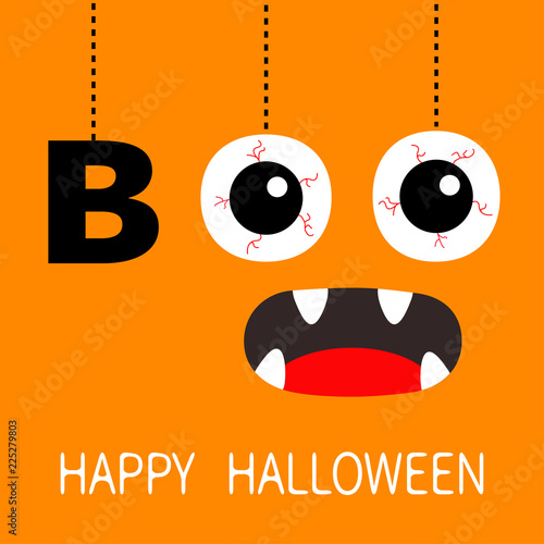 Happy Halloween. Hanging word BOO text Eyeballs bloody veins. Spooky screaming mouth, fangs. Dash line thread. Greeting card. Flat design. Orange background.