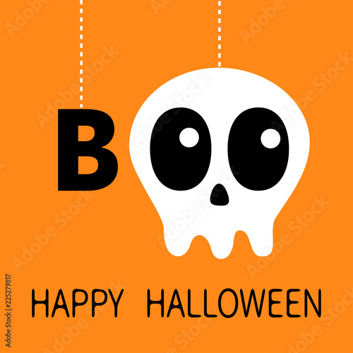 Happy Halloween. Hanging word BOO text Skull sceleton face bone. Eyes nose. Dash line thread. Greeting card. Flat design. Orange background.