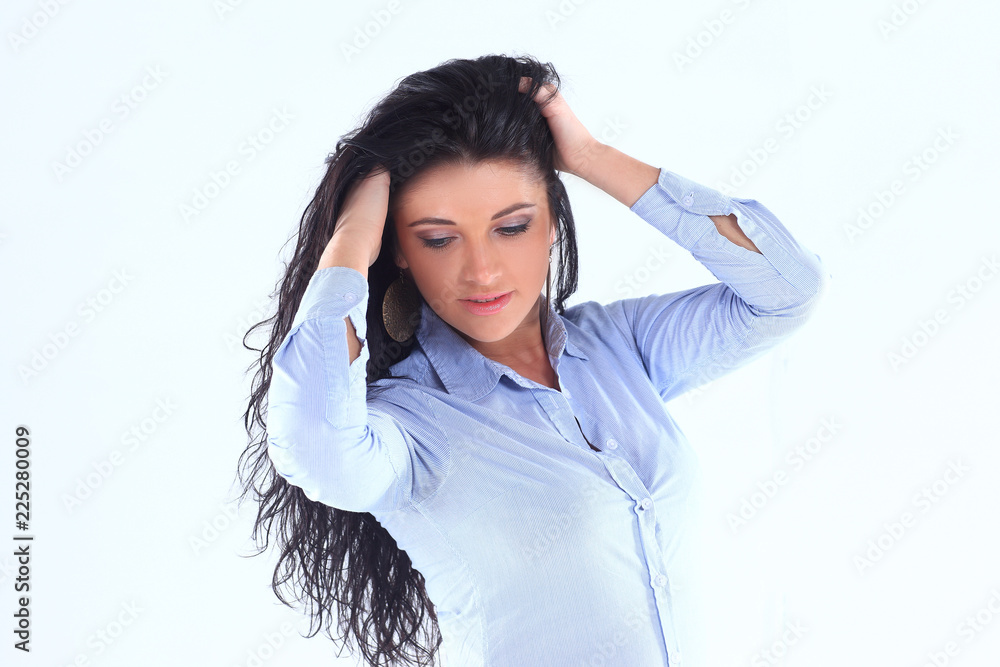portrait of beautiful business woman clerk on a white background portrait of beautiful business woman clerk on a white background