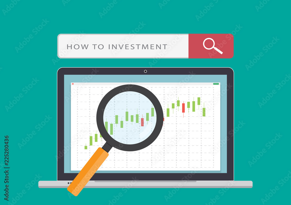Magnifying glass search for investment on laptop Magnifying glass search for investment on laptop