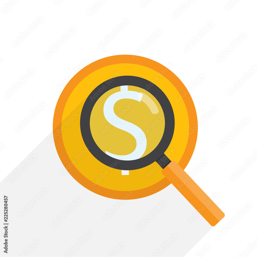 Magnifying search icon for money gold coin investment data analysis. Magnifying search icon for money gold coin investment data analysis.