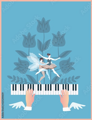 Winged hands playing the piano keys. Mysterious flowers and dancing couple of elves on a blue background. Vertical postcard, billboard for a musical concert. Conceptual vector illustration.