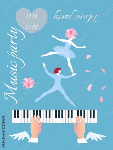 Person playing on grand piano. Hands with wings and little dancing fairy and elf on scy blue background in vector. Invitation card  or musical banner.