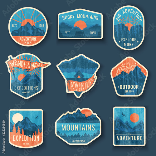 Set of nine mountain travel emblems with grunge texture. Camping outdoor adventure emblems, badges and logo patches. Mountain tourism, hiking. Forest camp labels in vintage style