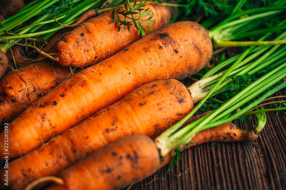 Fresh carrots close-up on a wooden background Fresh carrots close-up on a wooden background