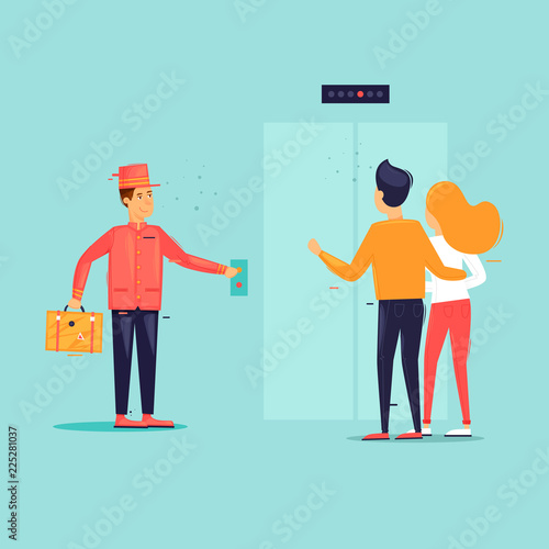 Bellboy causes elevator. Flat design vector illustration