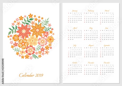 Calendar for 2019 year. Week starts on sunday. Vector template with round floral ornament of colorful embroidered flowers.  Ethnic embroidery pattern.