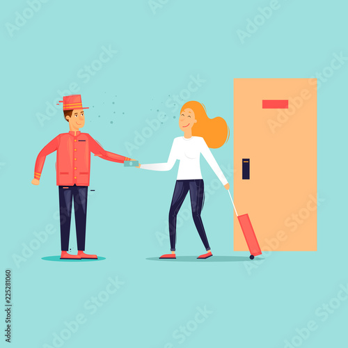 Bellboy receives a tip from a girl. Flat design vector illustration