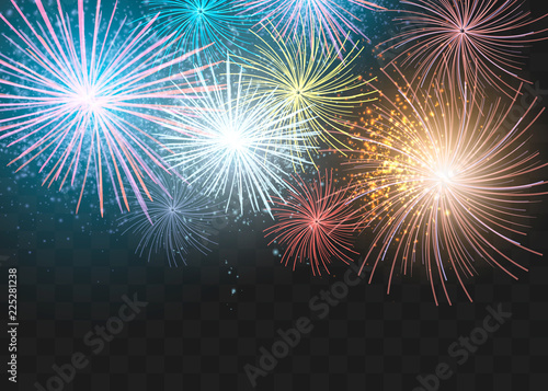 set of isolated vector fireworks on a transparent background.