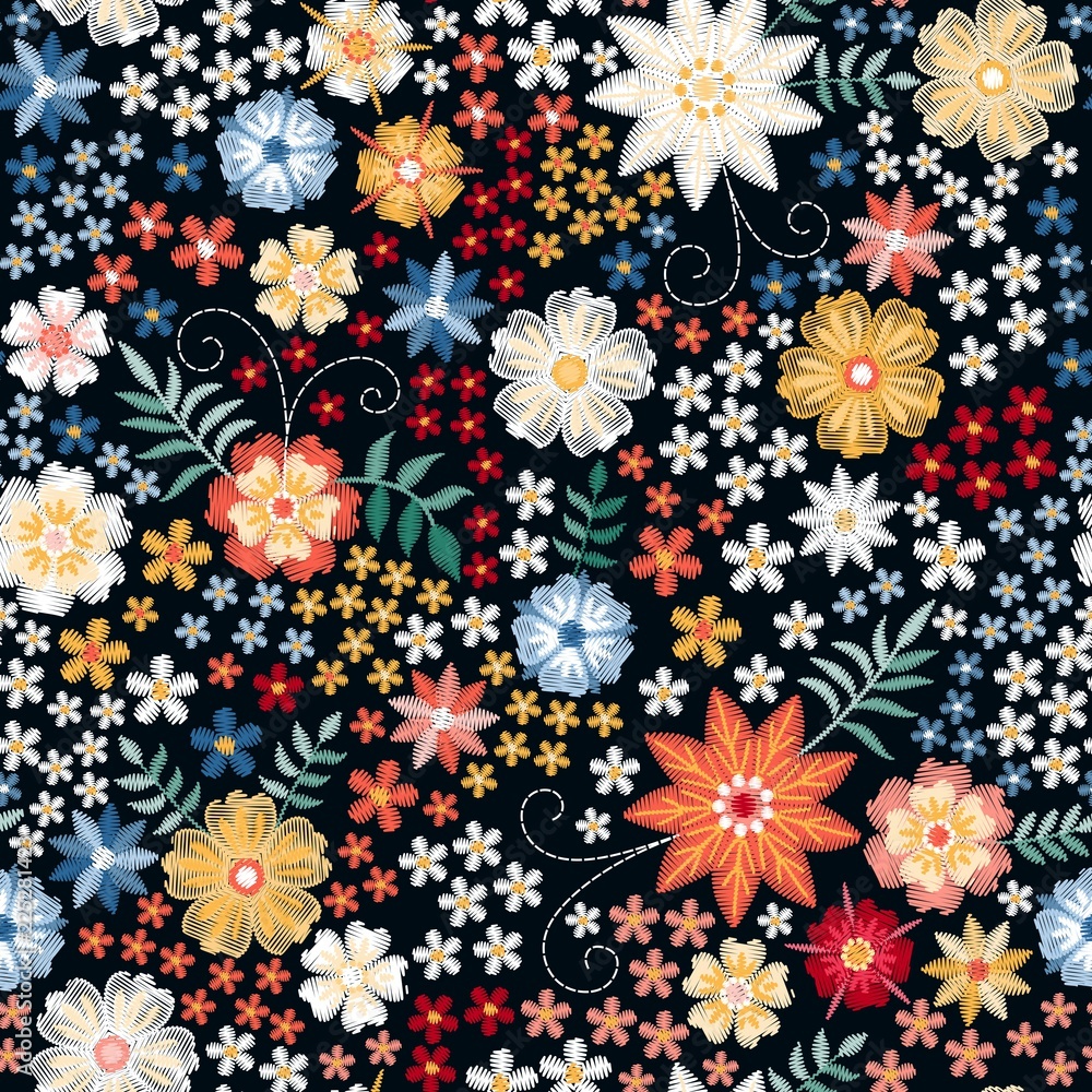 Embroidery ditsy floral seamless pattern. Beautiful summer flowers and leaves on black background. Vector illustration. Fashion design.