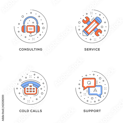 Consulting, service, cold calls, support. Set of 4 flat line icons. Flat line illustration concept for web banner and printed materials. Vector illustration