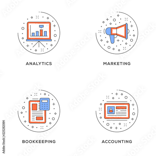 Analytics, marketing, bookkeeping, accounting. Set of 4 flat line icons. Flat line illustration concept for web banner and printed materials. Vector illustration