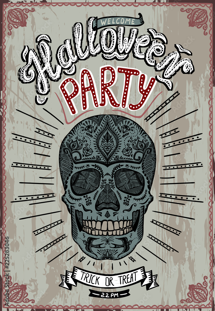 Naklejka premium Halloween party poster with hand drawn skull