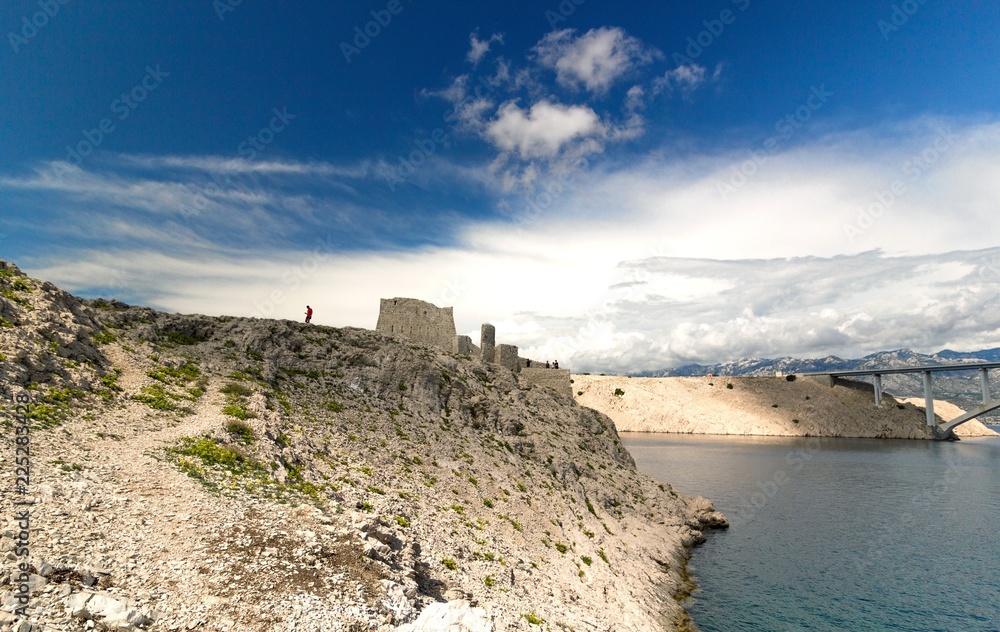 Ruine of fortress and the Pag bridge, Island of Pag, Croatia Ruine of fortress and the Pag bridge, Island of Pag, Croatia