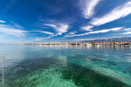 Amazing turquoise view of town of Novalja, Pag island, Croatia