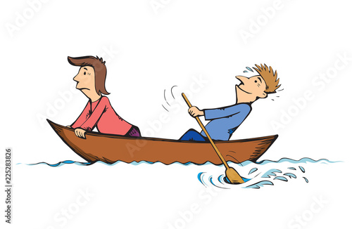 Men are swimming in boat. Vector drawing