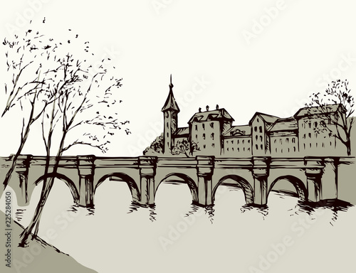 Cityscape with bridge over river. Vector drawing