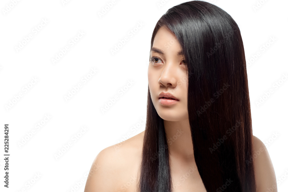portrait of young asian woman with beautiful and healthy hair looking away isolated on white portrait of young asian woman with beautiful and healthy hair looking away isolated on white