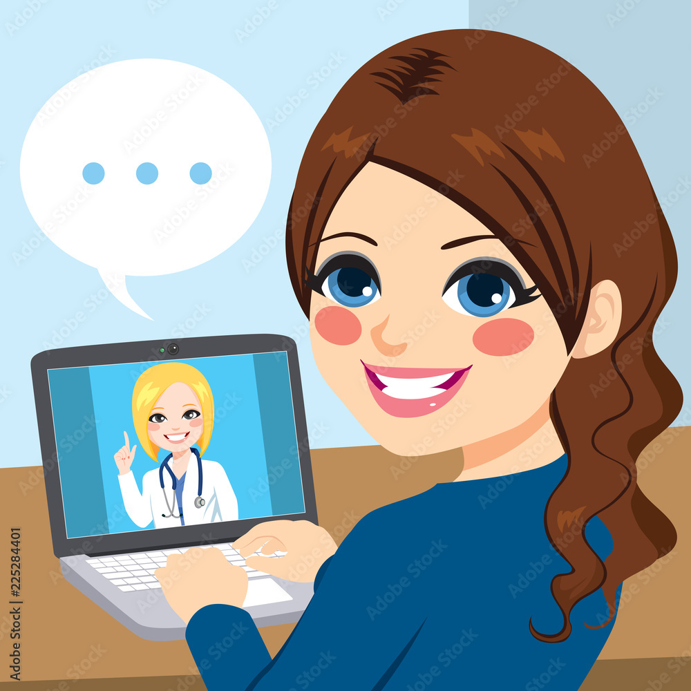 Young woman using laptop to talk with female doctor online consultation concept Young woman using laptop to talk with female doctor online consultation concept