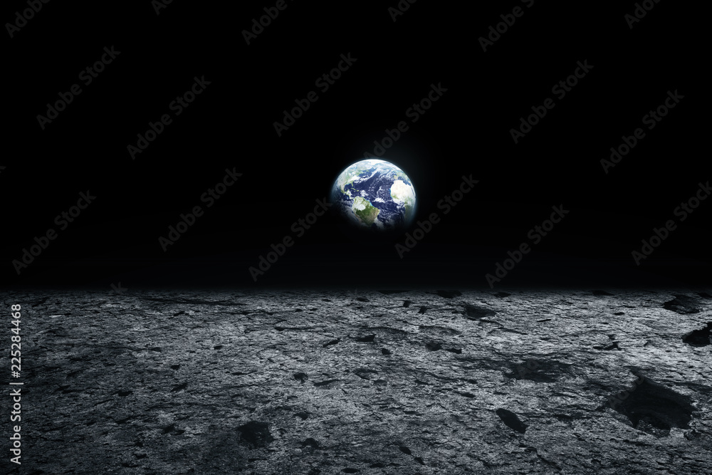 Moon surface and Earth on the horizon. Space art fantasy. Black and white. Elements of this image furnished by NASA - obrazy, fototapety, plakaty 