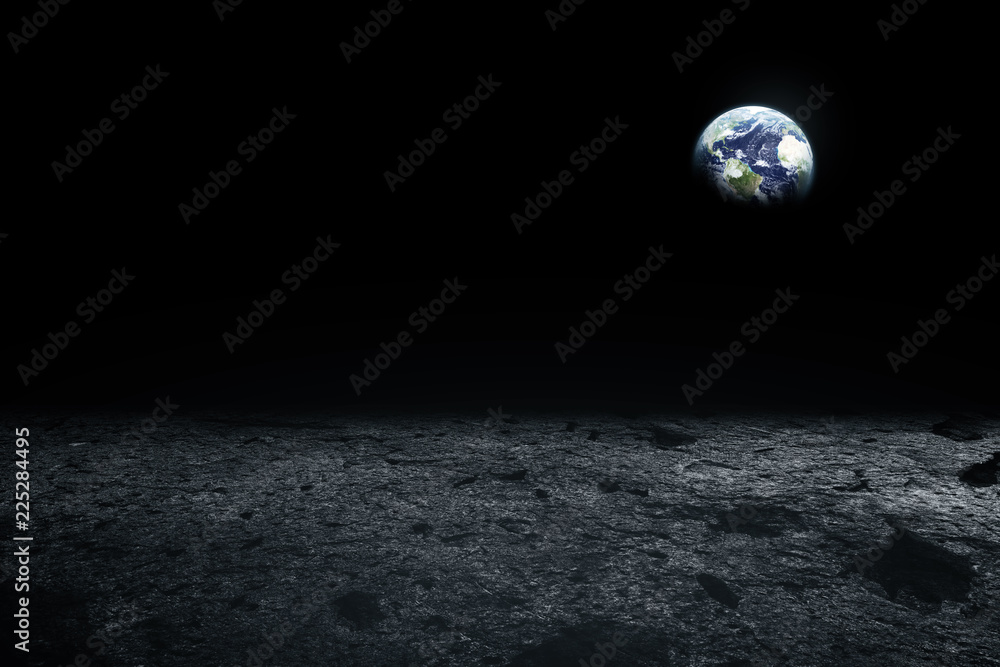 Obraz premium Moon surface and Earth on the horizon. Space art fantasy. Black and white. Elements of this image furnished by NASA