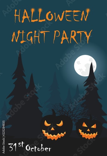 Two halloween pumpkin on night spruce forest  background.