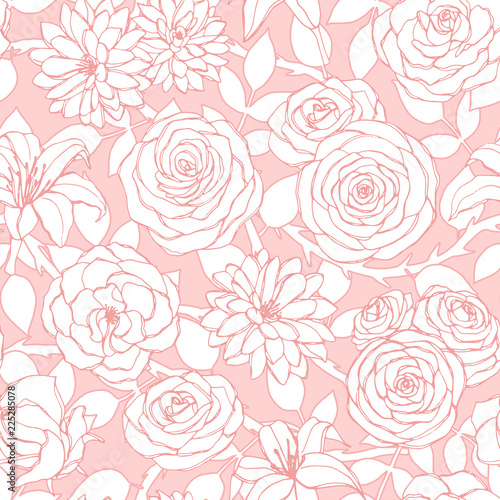 Vector repeat pattern with lily  chrysanthemum  camellia  peony and rose flowers outline on the pink background. Seamless floral ornament of blossoms in sketch style. For fabric  wrapping paper